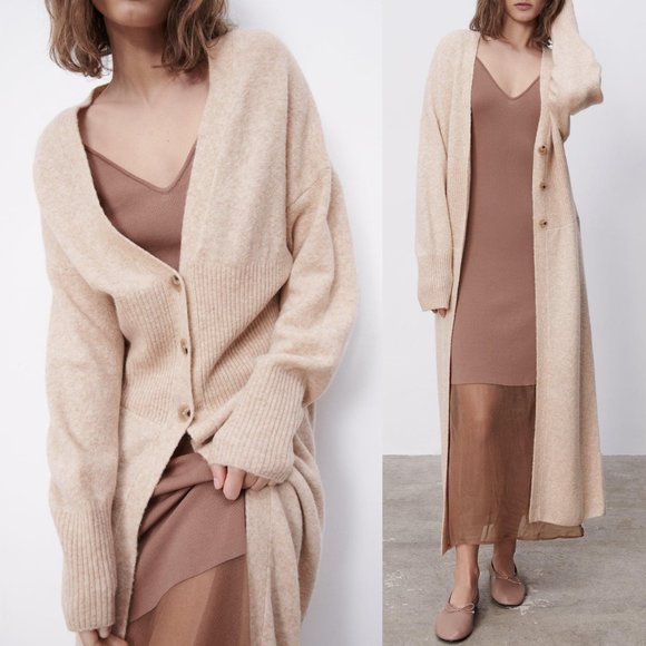 NEW Zara Wool Blend Long Maxi Duster Cardigan Sand - Picture 4 of 11